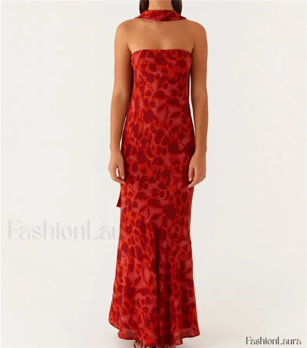 Sexy Backless Mesh Floral Dress red / S