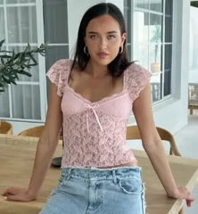 Sexy Cap Sleeve Lace Crop Top T Shirt Pink / S