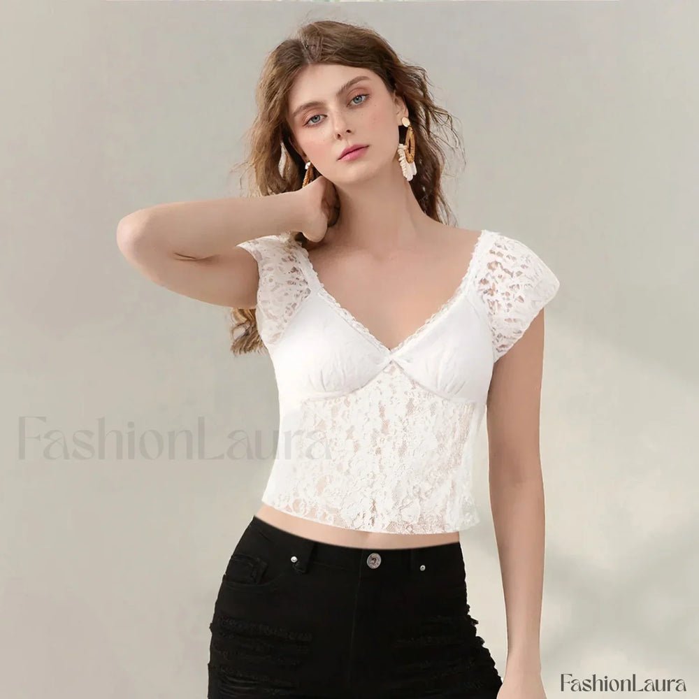 Sexy Cap Sleeve Lace Crop Top T Shirt WHITE / S