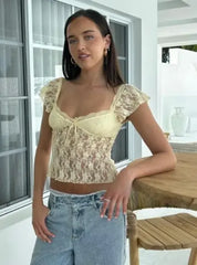 Sexy Cap Sleeve Lace Crop Top T Shirt Yellow / S