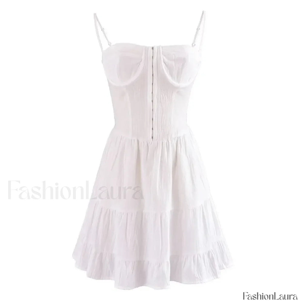 Sexy Deep V neck Striped Women’s 2024 New Waist Lace up Ruffle Edge Skinny Mini Dress creamy white / S