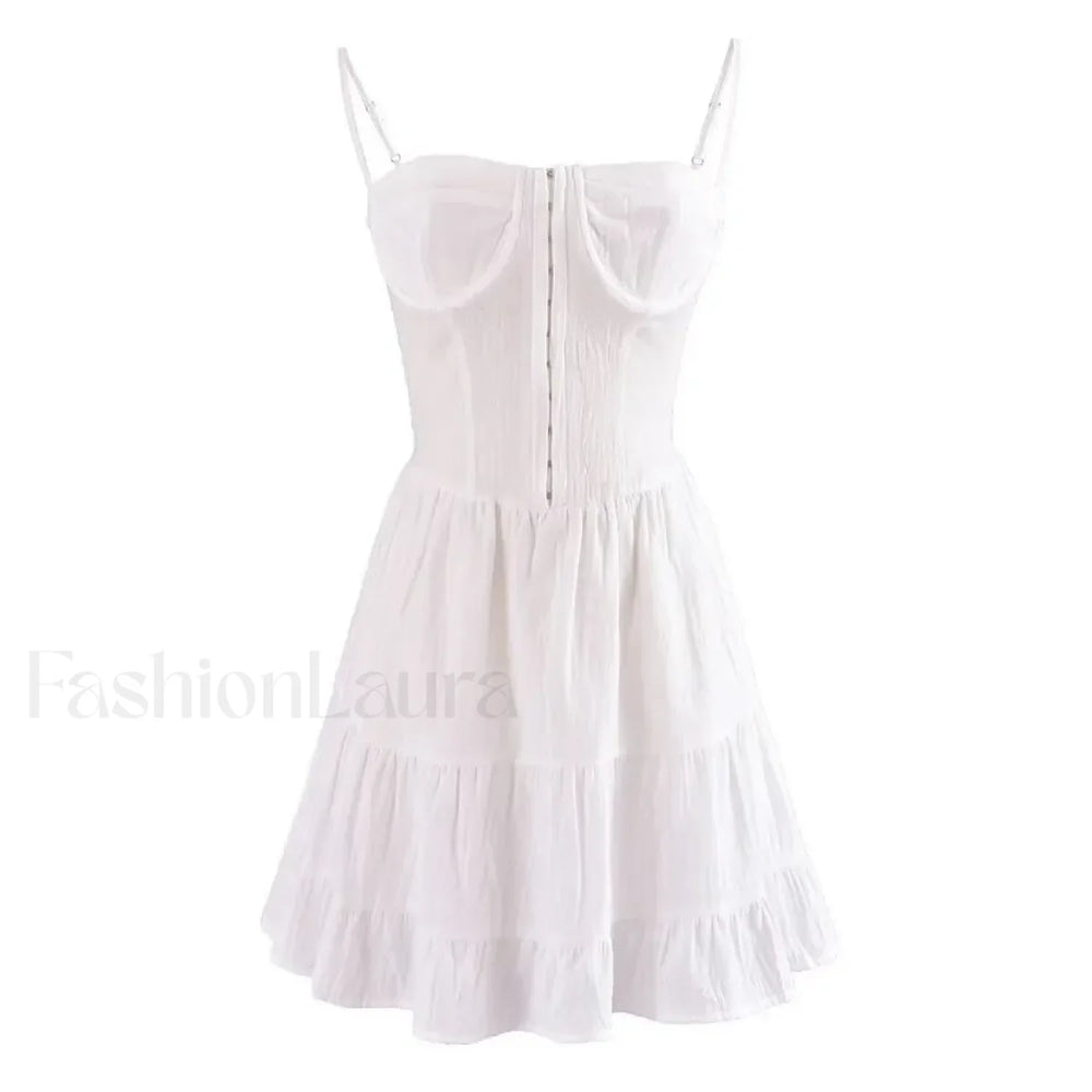 Sexy Deep V neck Striped Women’s 2024 New Waist Lace up Ruffle Edge Skinny Mini Dress creamy white / S