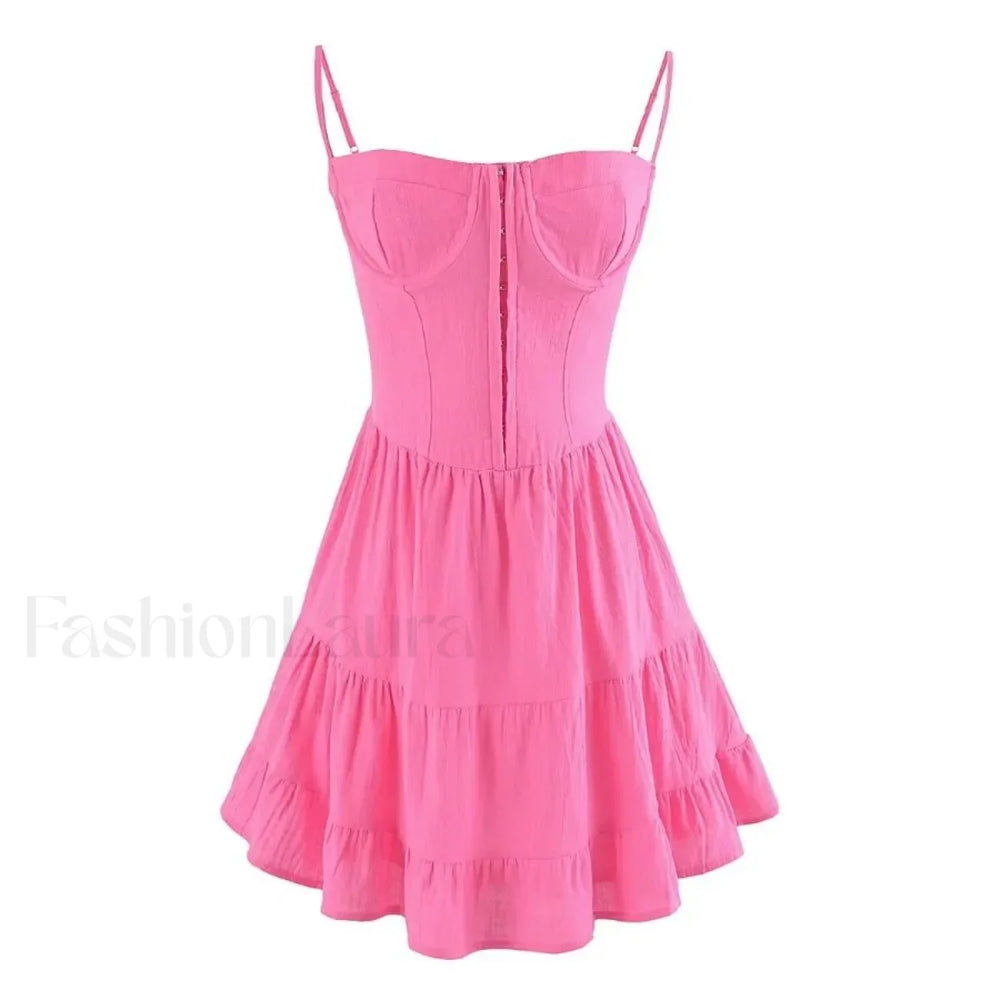 Sexy Deep V neck Striped Women’s 2024 New Waist Lace up Ruffle Edge Skinny Mini Dress Rose Red / S