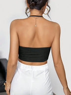 Sexy Draped Front Backless Black Cami Crop Top