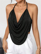 Sexy Draped Front Backless Black Cami Crop Top