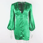 JuliaFashion - Sexy Lantern Sleeve Green Mini Dress