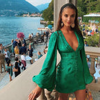 JuliaFashion - Sexy Lantern Sleeve Green Mini Dress