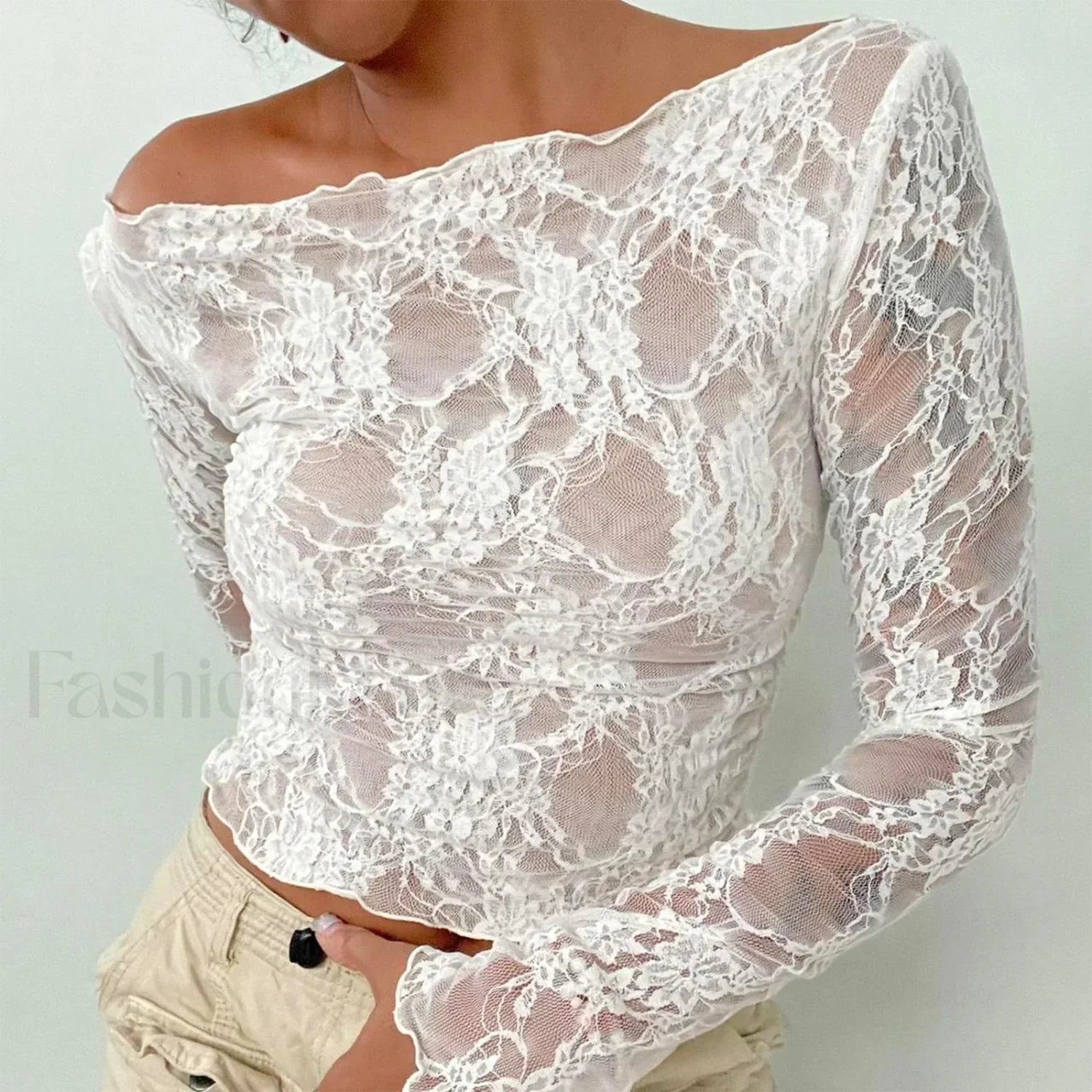 Sexy Off Shoulder See Through Lace Long Sleeve Crop Top