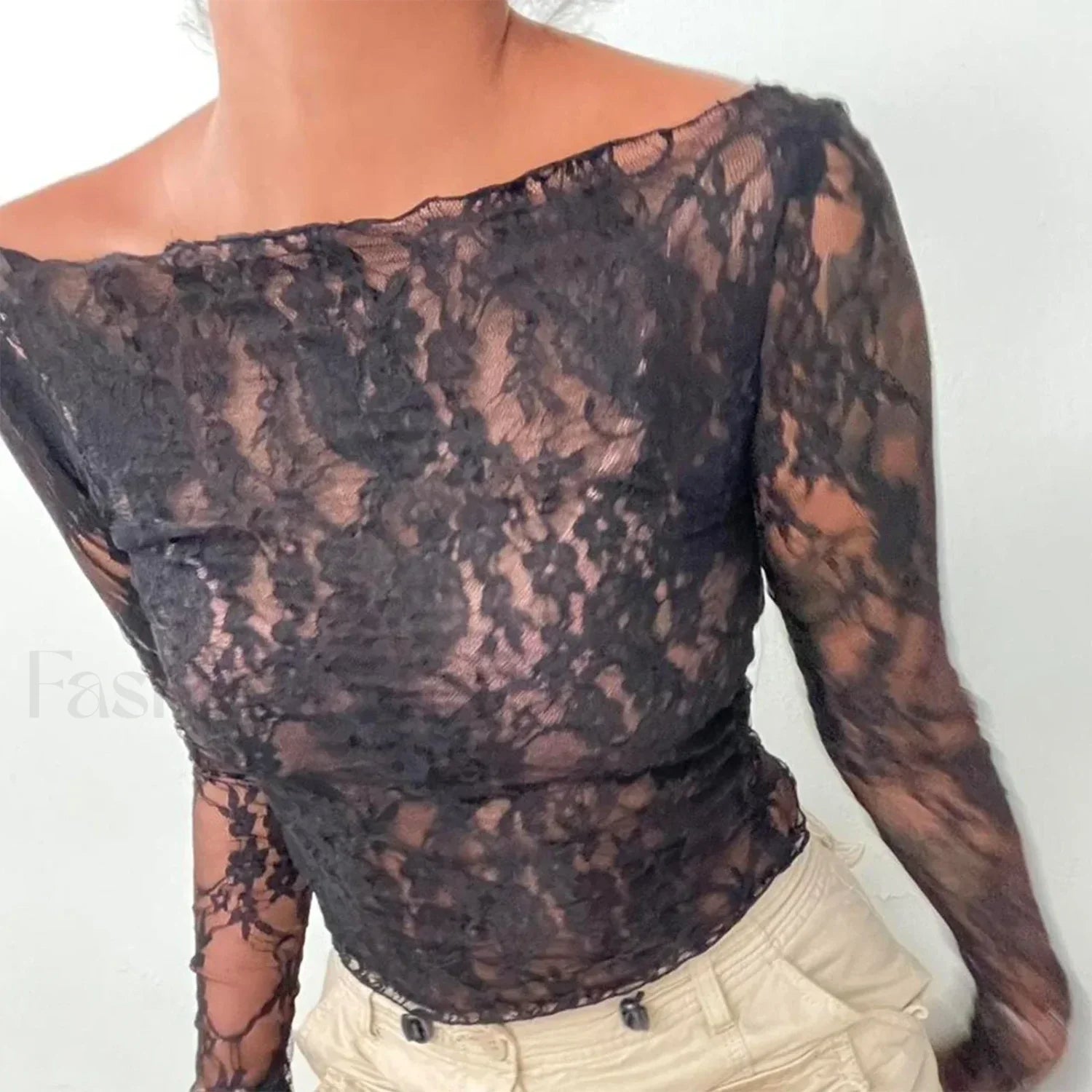 Sexy Off Shoulder See Through Lace Long Sleeve Crop Top