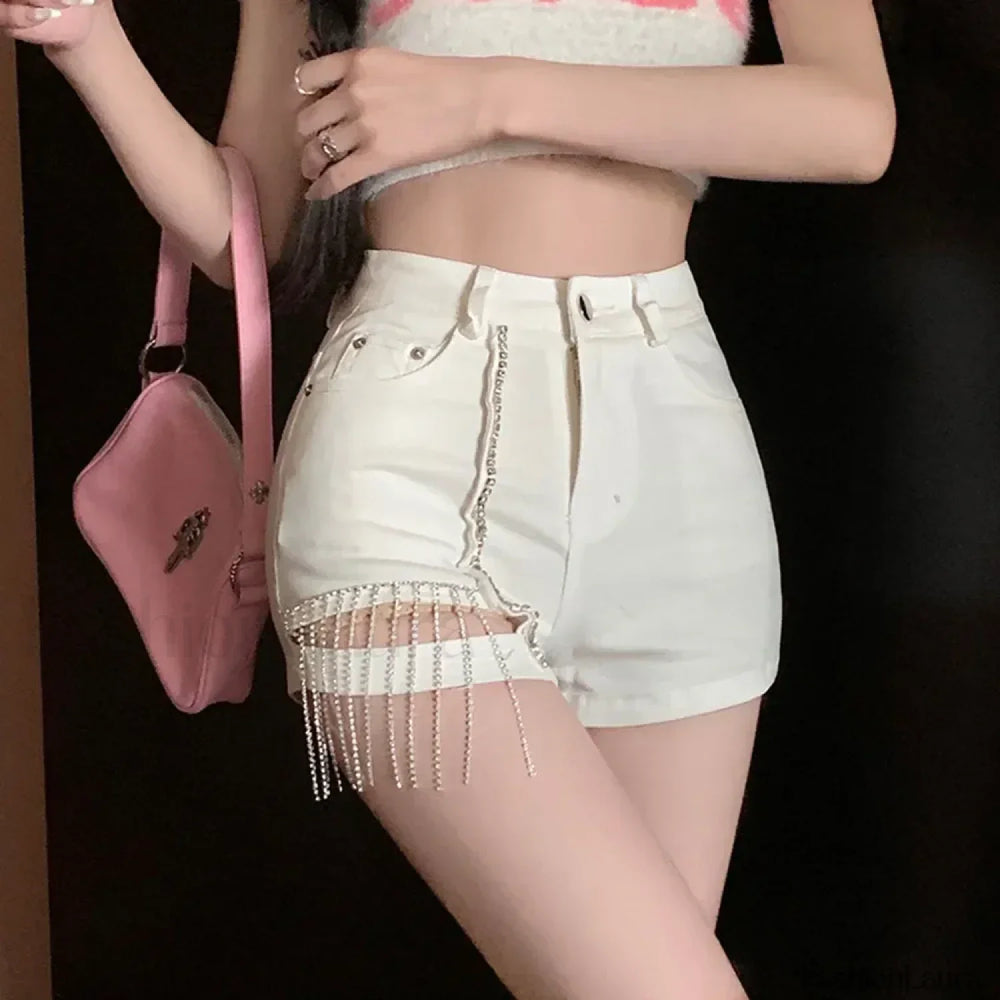 Sexy Rhinestone Tassel Women’s Shorts WHITE / S