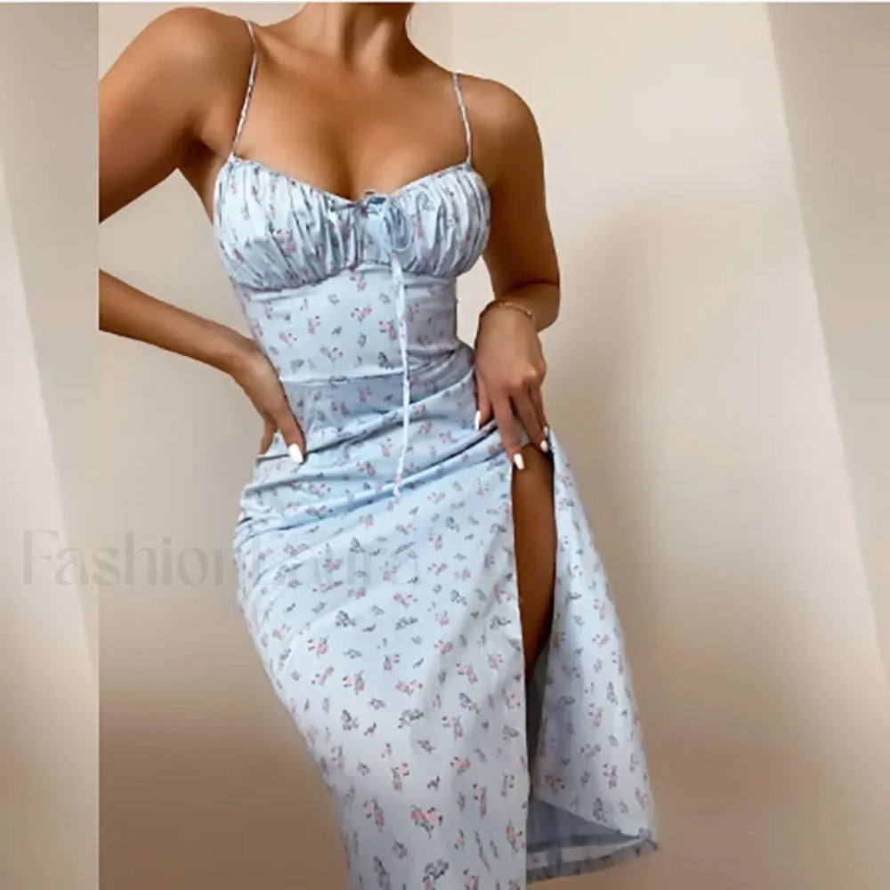 Sexy Strapless Lace up High Waist Flower Print Split Midi Dress Blue Print / S