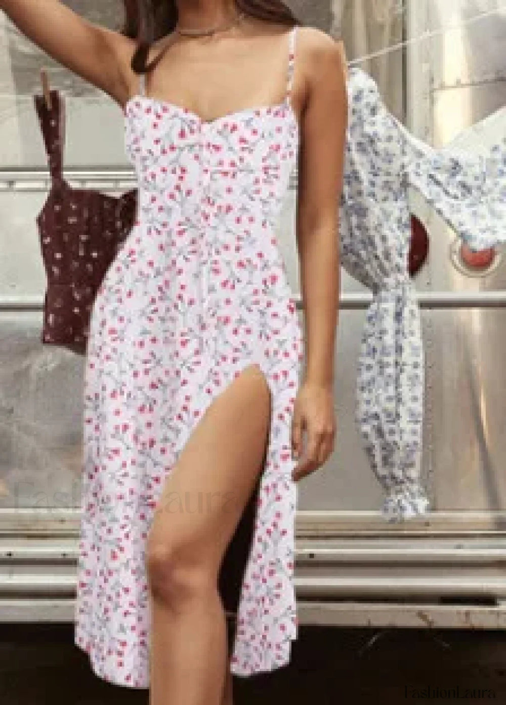 Sexy Strapless Lace up High Waist Flower Print Split Midi Dress New White Red / S