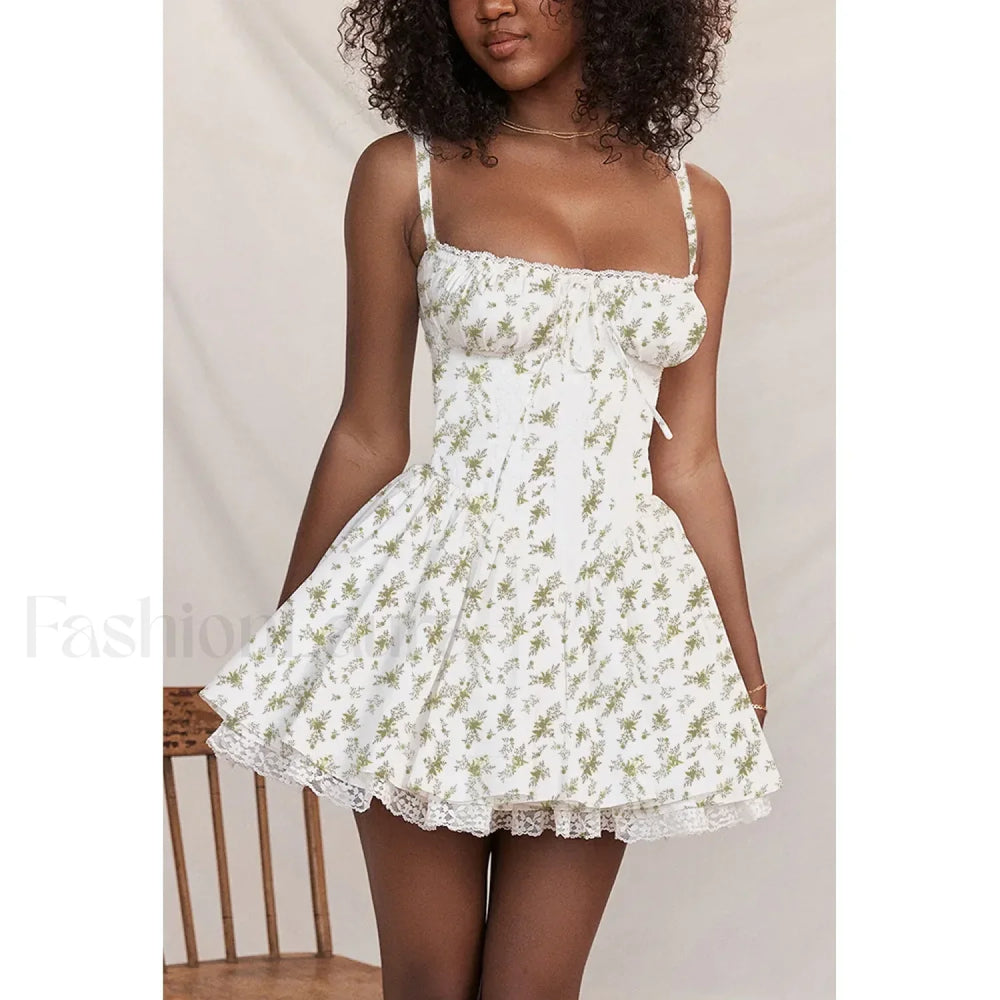 Sexy Strapless Sling Dress for Summer Women’s 2024 NEW Lace up High Waist Lace floral print A line Mini Dress