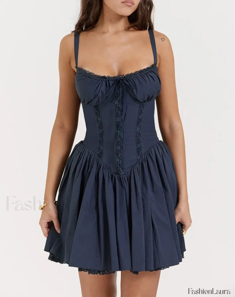 Sexy Strapless Sling Dress for Summer Women’s 2024 NEW Lace up High Waist Lace floral print A line Mini Dress dark blue