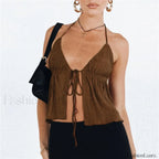 Sexy Summer Bowknot Lace Up Cropped Vest Top Brown / S