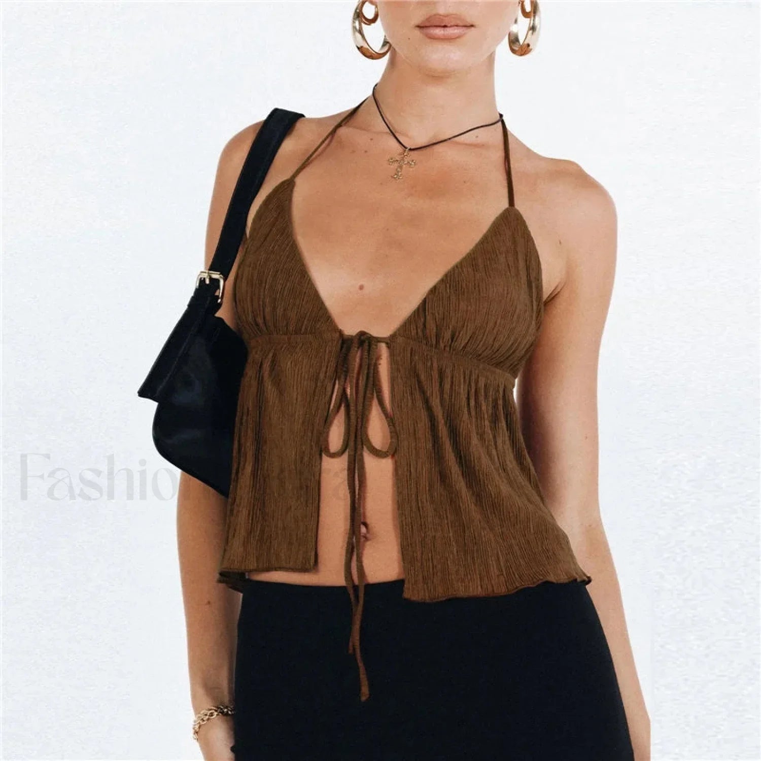 Sexy Summer Bowknot Lace Up Cropped Vest Top Brown / S