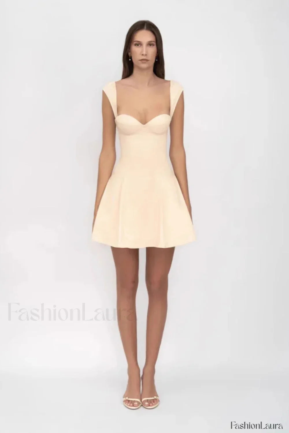 Sexy Tube Top Drawstring Waist A Line Mesh Mini Dress Beige / S