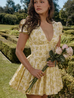 Sexy V Neck Puff Sleeve Tulle Floral Dress yellow / S