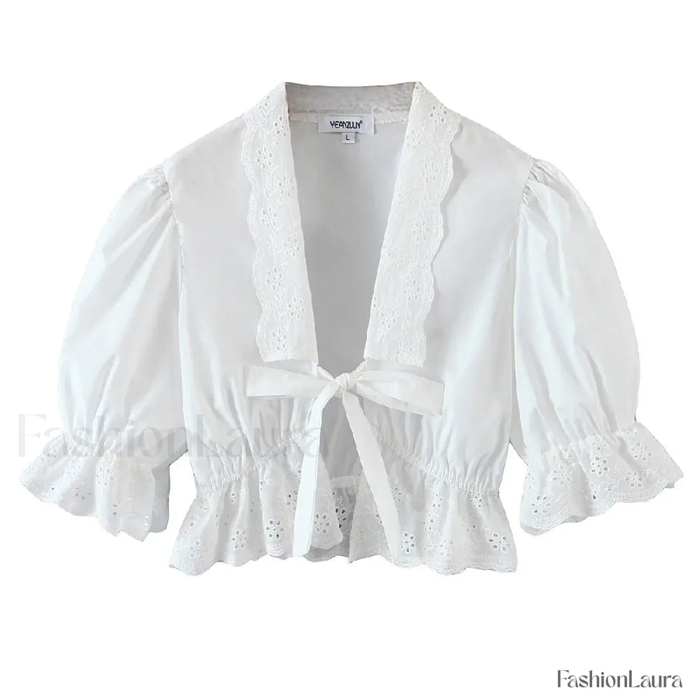Sexy White Flower Sleeve Cropped Bow Tops Blouse WHITE / S