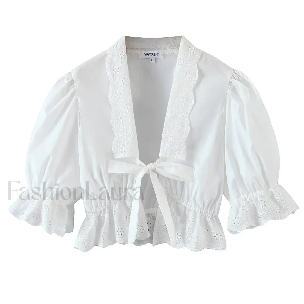 Sexy White Flower Sleeve Cropped Bow Tops Blouse WHITE / S