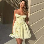 Sexy Yellow Hollow Out Embroidery Mini Dress Sling Floral Dress Yellow / S