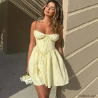Sexy Yellow Hollow Out Embroidery Mini Dress Sling Floral Dress Yellow / S