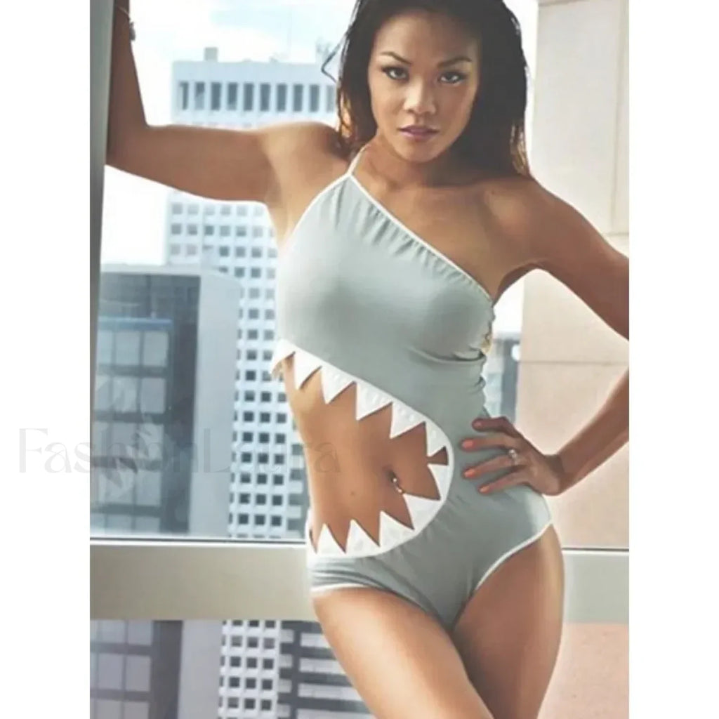 Shark Decor Hollow Out One Shoulder One Piece GRAY / S