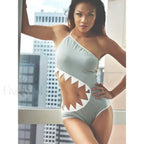 Shark Decor Hollow Out One Shoulder One Piece GRAY / S