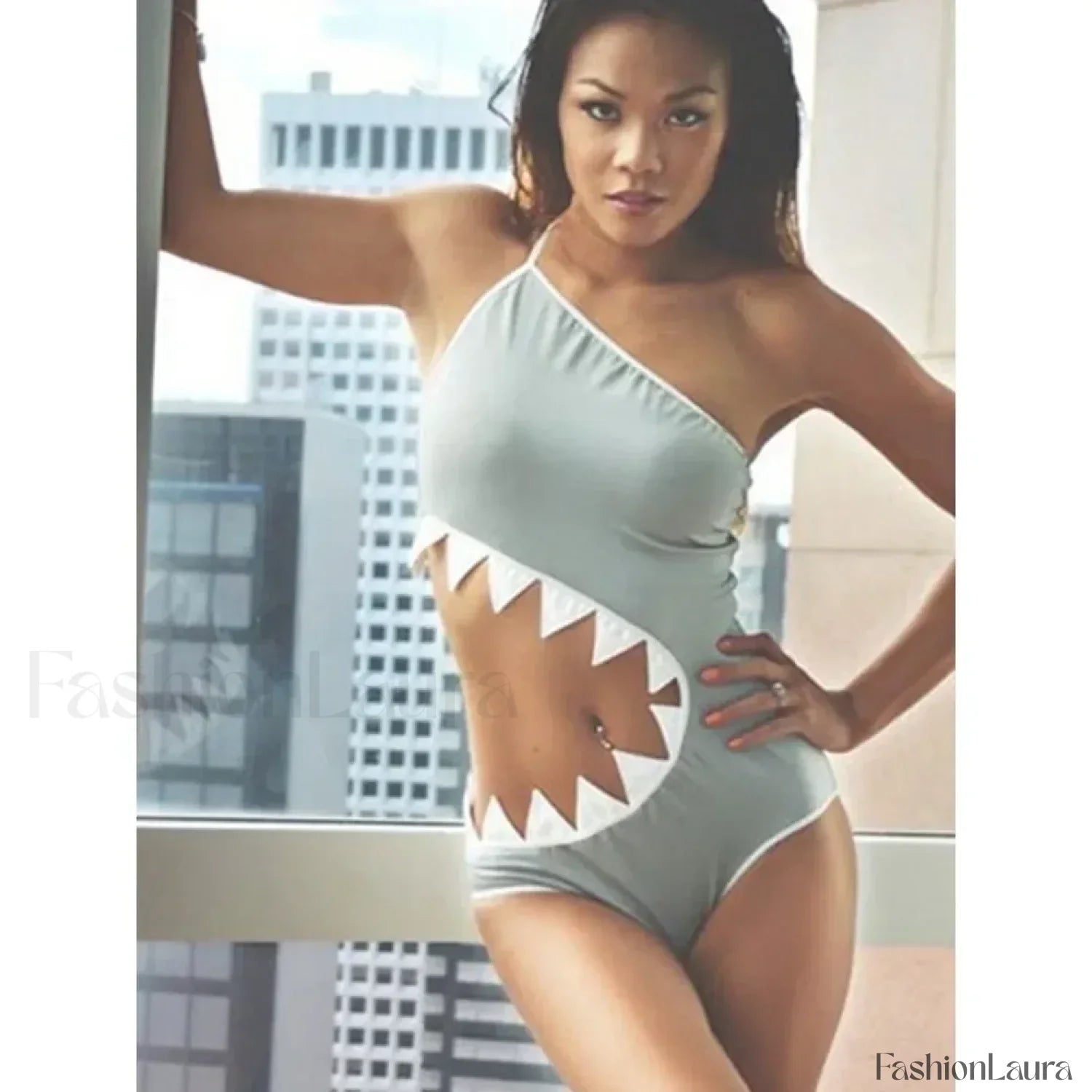 Shark Decor Hollow Out One Shoulder One Piece GRAY / S