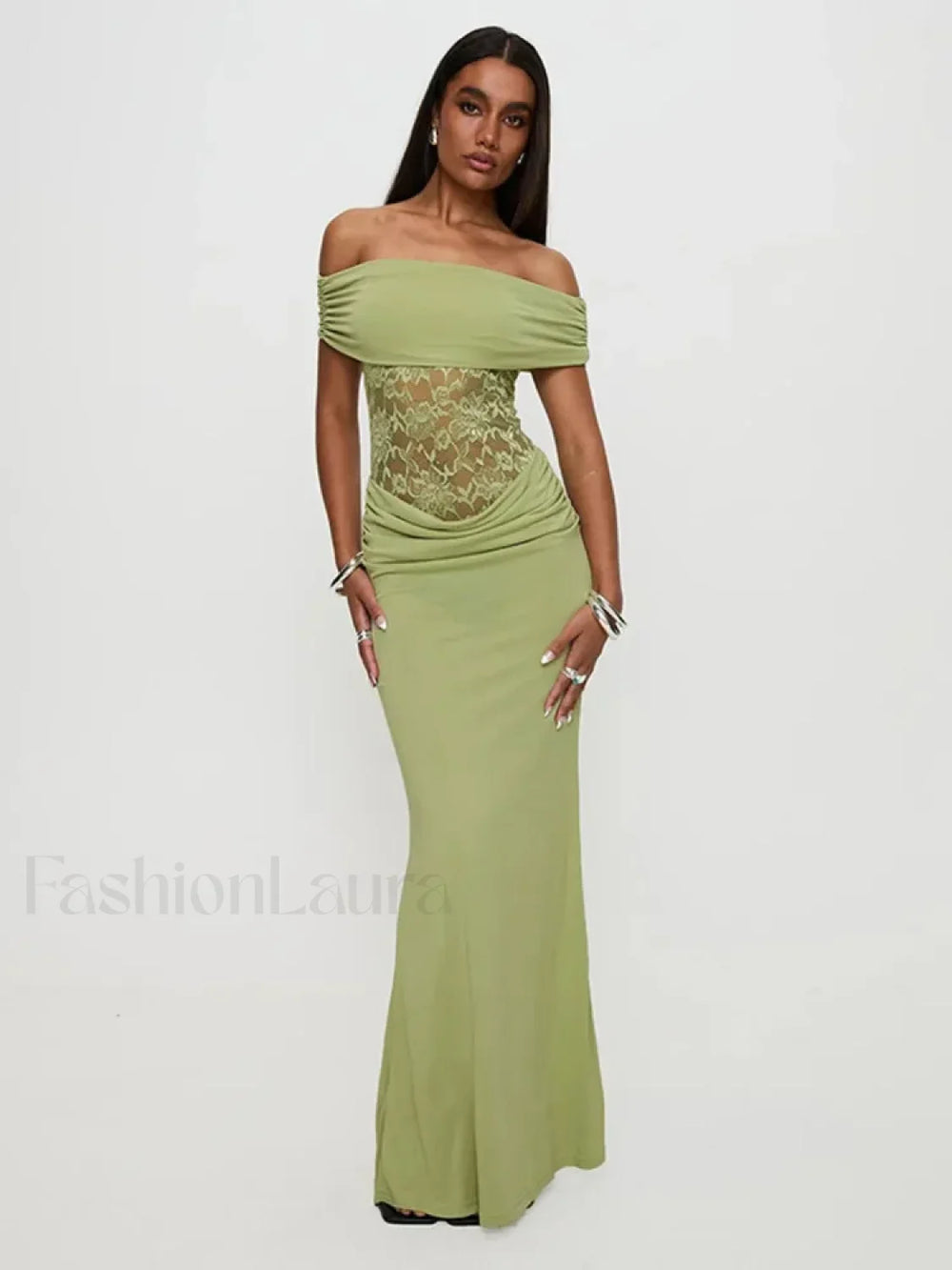 Sheer Green Strapless Maxi Dress Green / S