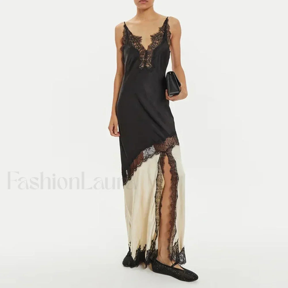 Sheer Lace Colorblock Maxi Dress BLACK / S