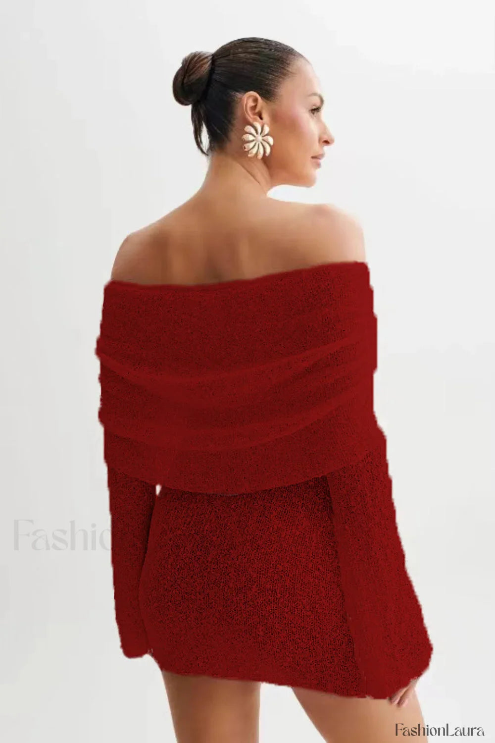 Sheer Long Sleeve Off Shoulder Knit Work Dress