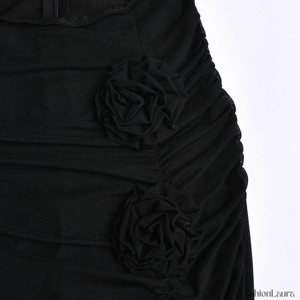 Sheer Mesh Floral Trim Cut Out High Slit Strapless Maxi Dress Black Party Dresses L