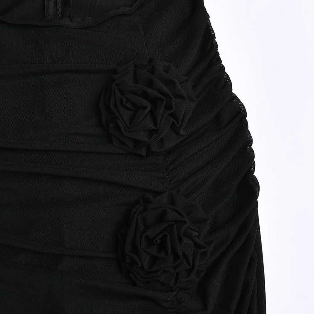 Sheer Mesh Floral Trim Cut Out High Slit Strapless Maxi Dress Black Party Dresses L