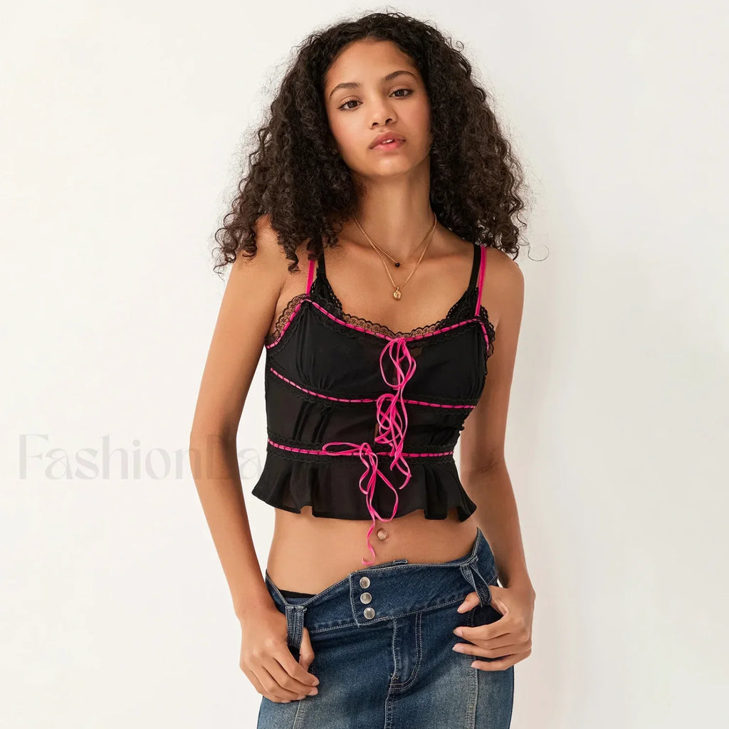 Sheer Mesh Lace Trim Crop Top Black / S