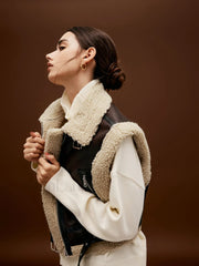 Sherpa Lined Shearling Trendy Leather Biker Crop Vest Vests