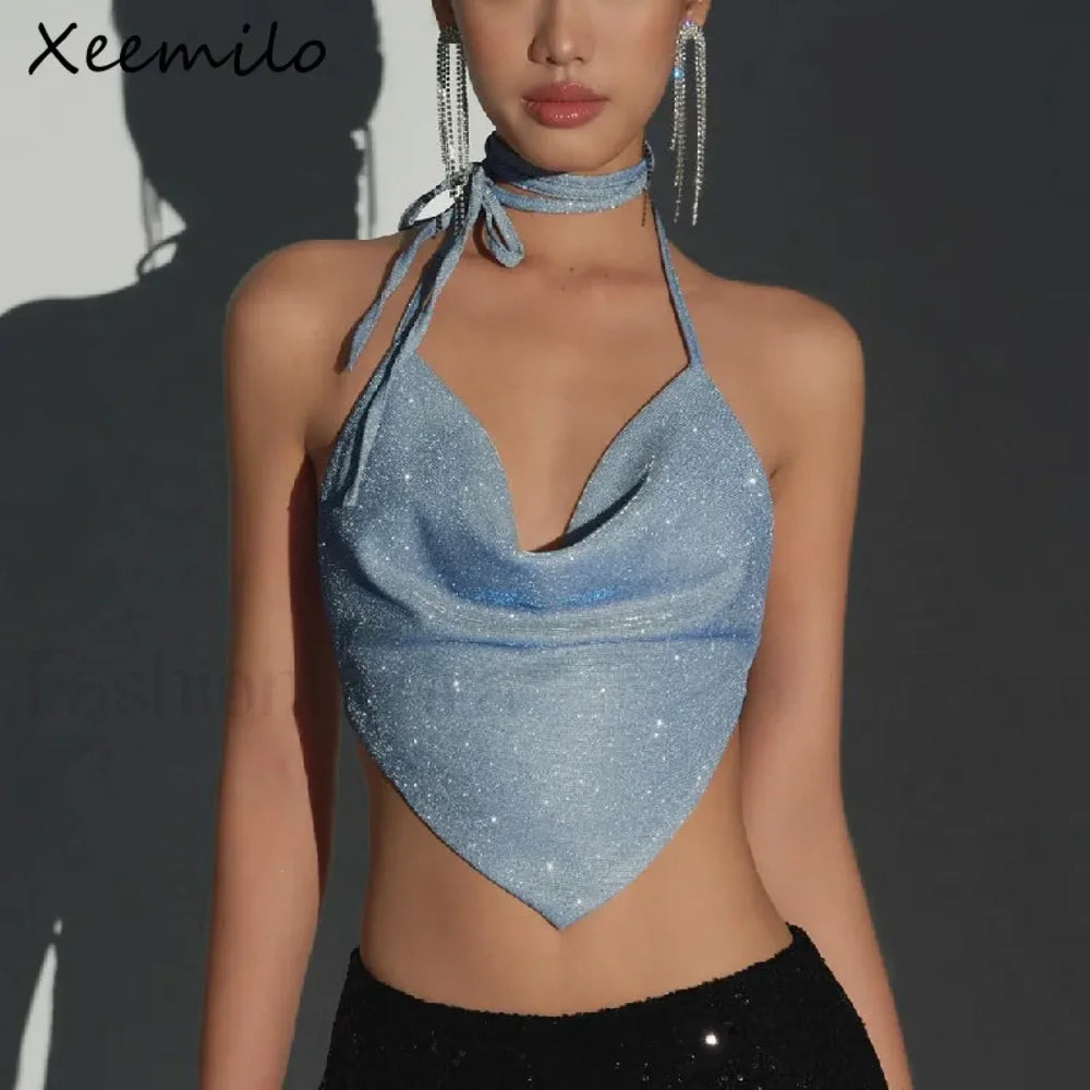 Shiny Deep V Bandage Crop Top