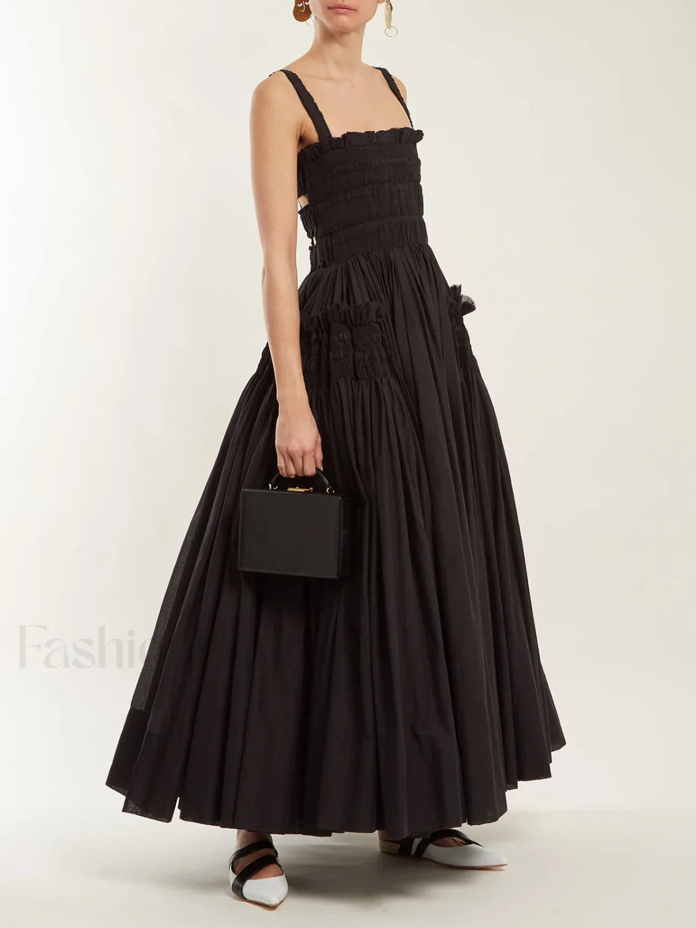 Shirred Pleated Graceful Cami Long Dress Black / XS Dresses