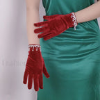 Short Golden Velvet Tassel Rhinestone Makeup Party Opera Dance Full Finger Christmas Glove