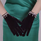 Short Golden Velvet Tassel Rhinestone Makeup Party Opera Dance Full Finger Christmas Glove