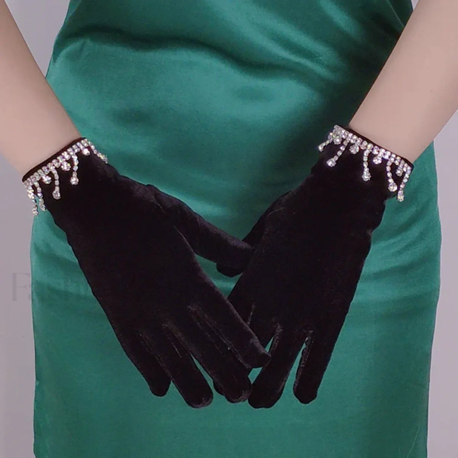 Short Golden Velvet Tassel Rhinestone Makeup Party Opera Dance Full Finger Christmas Glove