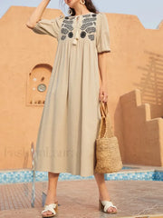 Short Sleeve Printed Boho Dress Apricot / S