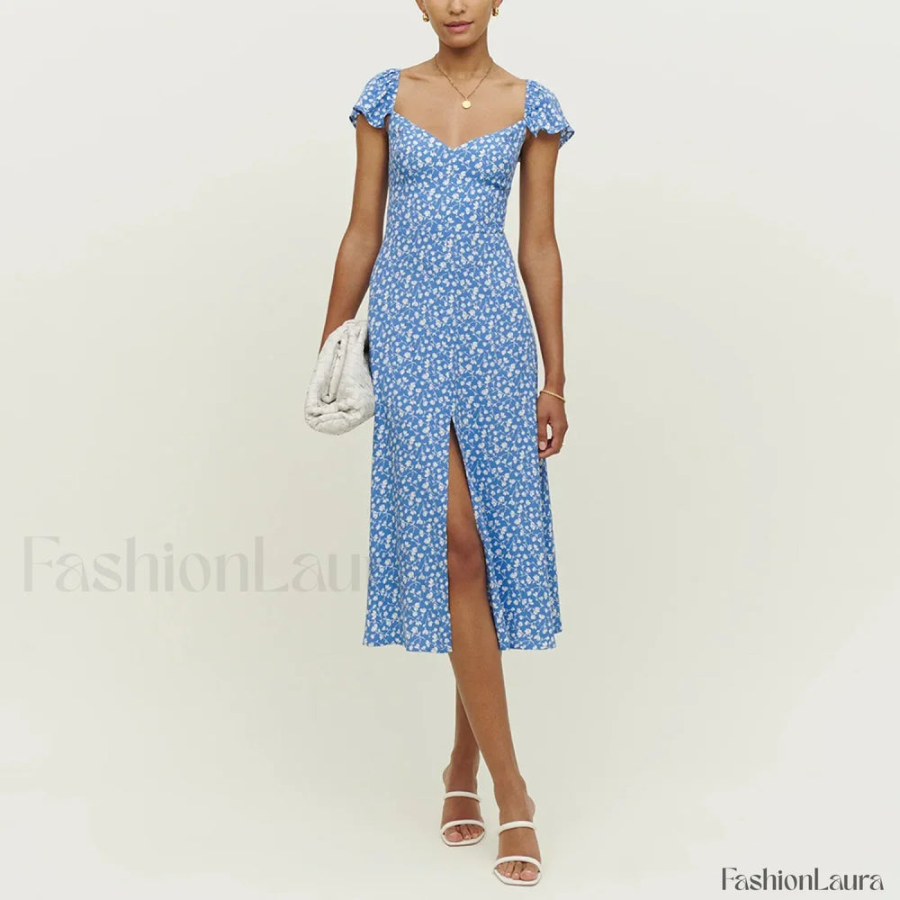 Short Sleeve Slit Floral Dress blue / S
