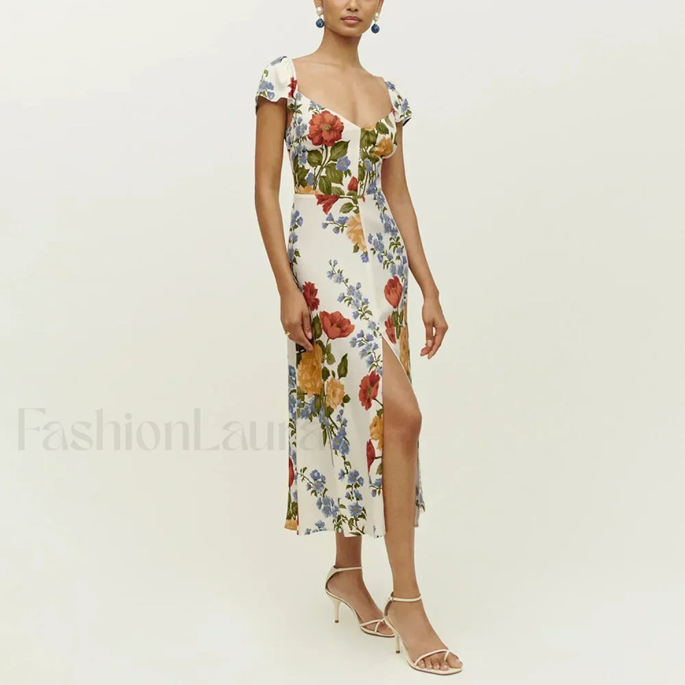 Short Sleeve Slit Floral Dress white / S