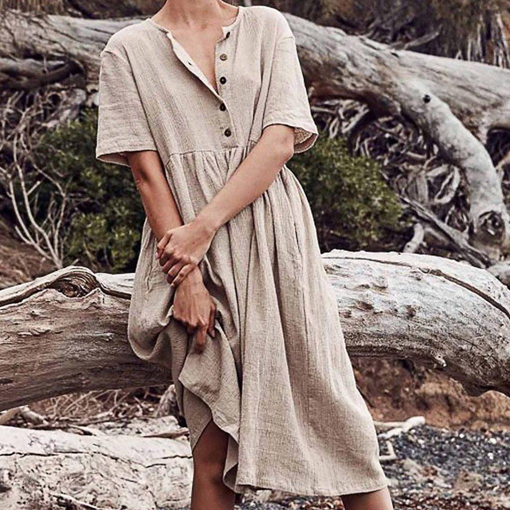 JuliaFashion - Short Sleeve Solid Midi Summer Dress