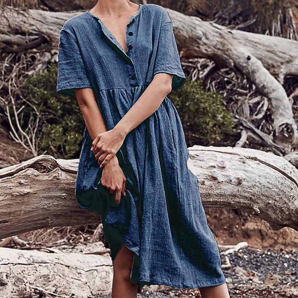 JuliaFashion - Short Sleeve Solid Midi Summer Dress