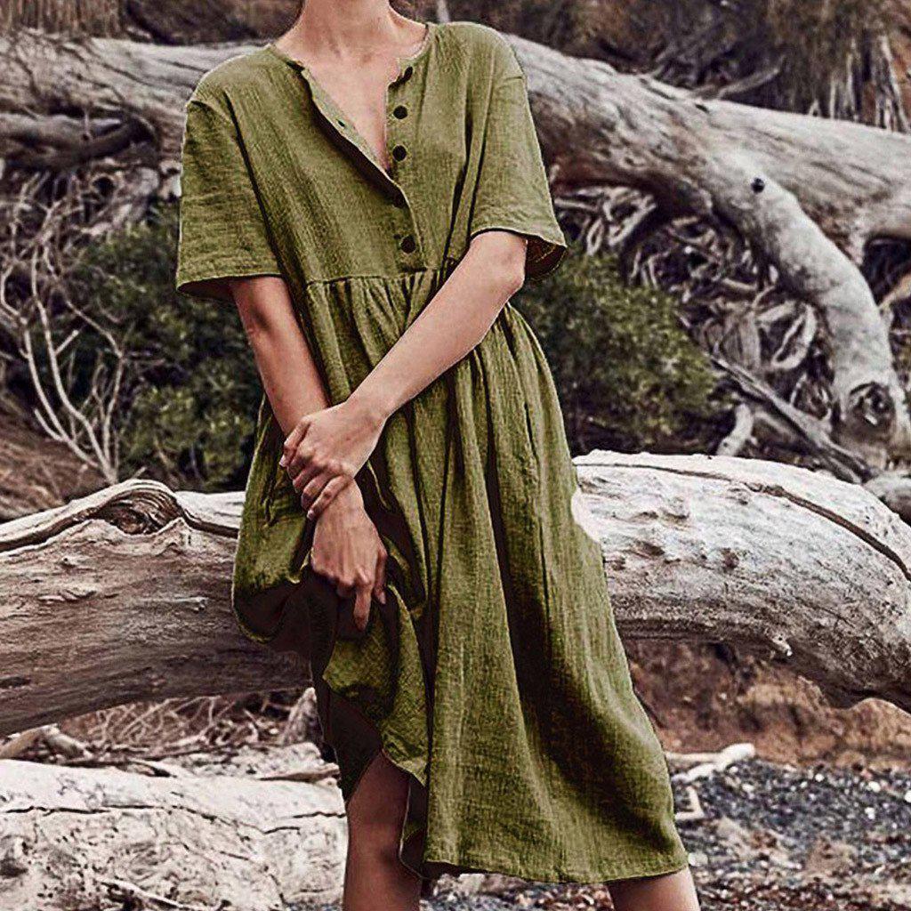 JuliaFashion - Short Sleeve Solid Midi Summer Dress