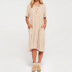 JuliaFashion - Short Sleeve Solid Midi Summer Dress