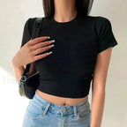 Short Sleeve Solid Simple Casual Crop Top