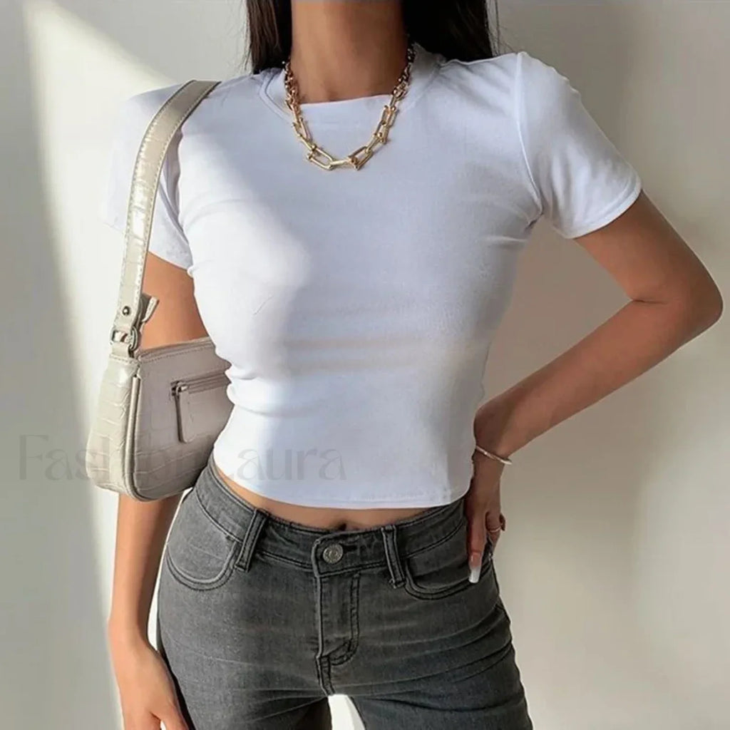 Short Sleeve Solid Simple Casual Crop Top